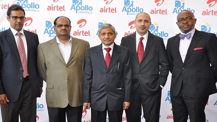 L-R, Senior Gen. Mgr. & Corporate Dev. Business Head, Africa, Apollo Hospitals, Dr. Harinder Sidhu; CEO, Apollo Hospitals, Dr. Hari Prasad; Head of Chancery, India High Commissioner, Mr. Vyas Choudhary; Director, Customer Service, Airtel Nigeria, Mr. Ajay Bashki and Director, Corporate Communications and CSR, Airtel, Emeka Oparah during the press launch of My Health by Apollo Hospitals in collaboration with Airtel Nigeria, held at Lekki, Lagos on Tuesday.